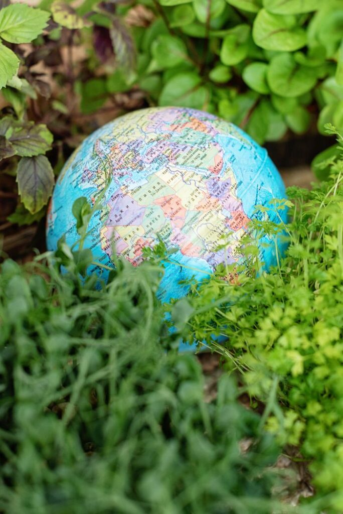 A colorful globe nestled among vibrant green plants symbolizing global ecology and environmental awareness.